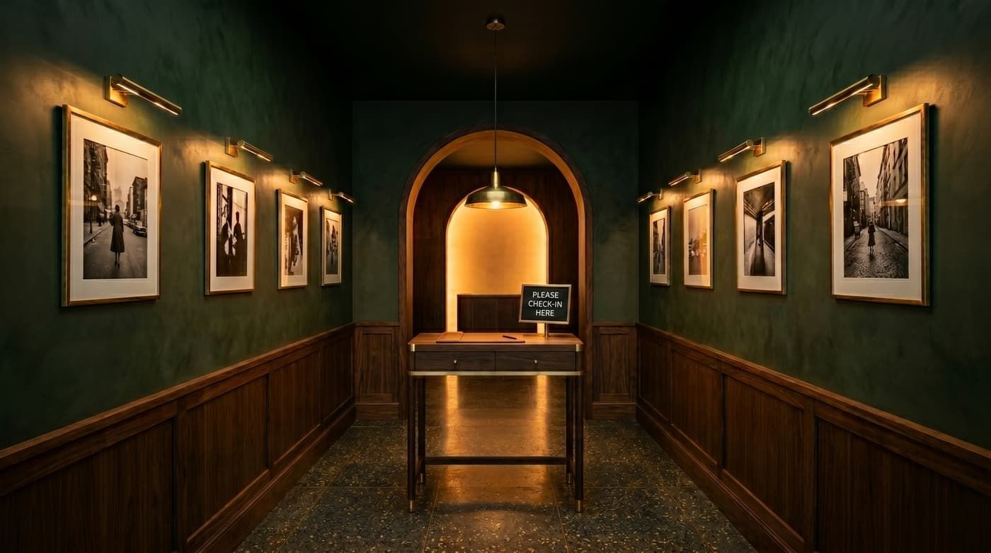 A softly lit check-in vestibule with a reception desk, framed photography on the walls, and warm brass sconces